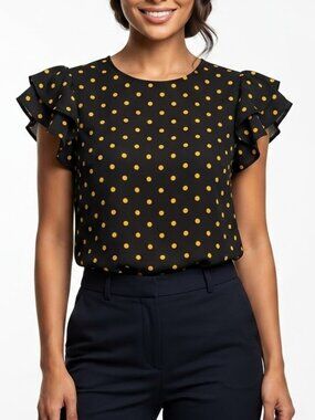 No Frills Los Angeles Dark Coquette Polka Dot Ruffle Sleeve Top S